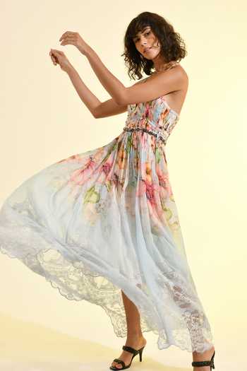 Bhanuni By Jyoti_Blue Viscose V-neck Aether Pleated Maxi Dress _Online_at_Aza_Fashions