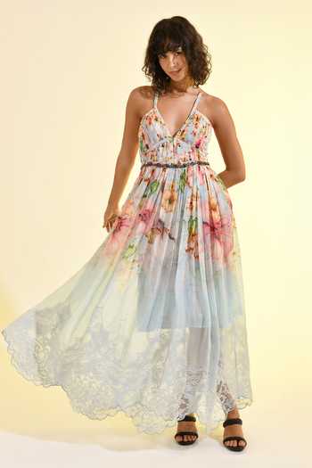 Buy_Bhanuni By Jyoti_Blue Viscose V-neck Aether Pleated Maxi Dress _Online_at_Aza_Fashions