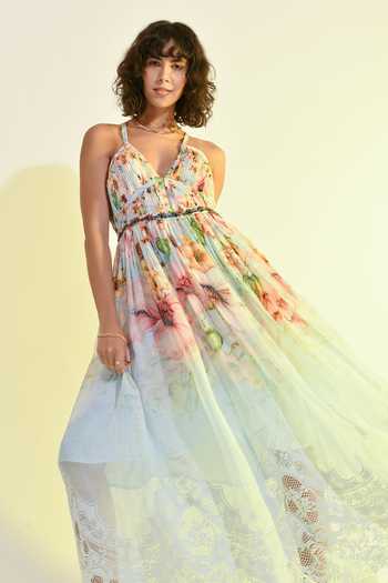 Shop_Bhanuni By Jyoti_Blue Viscose V-neck Aether Pleated Maxi Dress _Online_at_Aza_Fashions