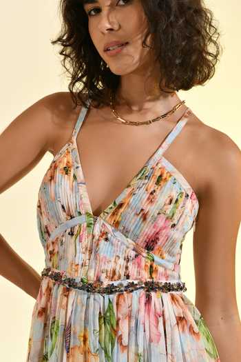 Bhanuni By Jyoti_Blue Viscose V-neck Aether Pleated Maxi Dress _at_Aza_Fashions