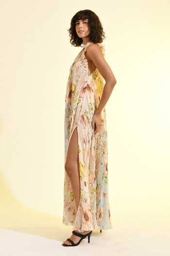 Bhanuni By Jyoti_Blue Viscose Halter Neck Aether Printed Maxi Dress _Online_at_Aza_Fashions