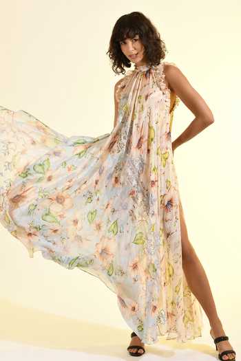 Shop_Bhanuni By Jyoti_Blue Viscose Halter Neck Aether Printed Maxi Dress _Online_at_Aza_Fashions