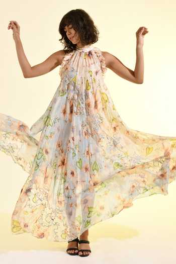 Bhanuni By Jyoti_Blue Viscose Halter Neck Aether Printed Maxi Dress _at_Aza_Fashions