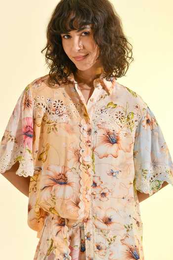 Bhanuni By Jyoti_Blue Viscose Collared Aether Printed Shirt _at_Aza_Fashions