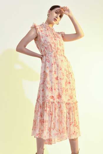 Buy_Bhanuni By Jyoti_Pink Viscose High , Keyhole Floral Print Tiered Blush Dress _Online_at_Aza_Fashions