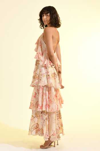 Bhanuni By Jyoti_Pink Viscose Halter Neck Floral Print Blush Maxi Dress _Online_at_Aza_Fashions