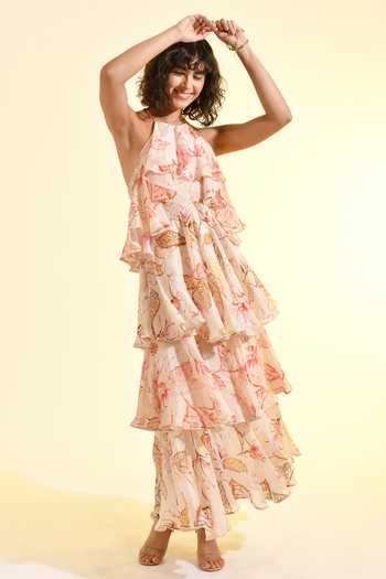 Buy_Bhanuni By Jyoti_Pink Viscose Halter Neck Floral Print Blush Maxi Dress _Online_at_Aza_Fashions