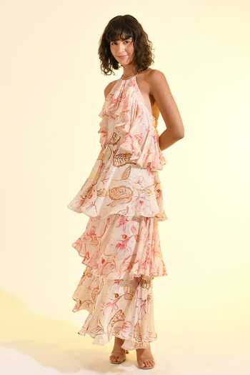 Shop_Bhanuni By Jyoti_Pink Viscose Halter Neck Floral Print Blush Maxi Dress _Online_at_Aza_Fashions