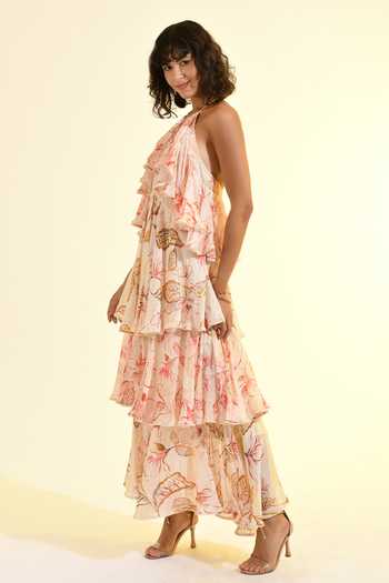 Bhanuni By Jyoti_Pink Viscose Halter Neck Floral Print Blush Maxi Dress _at_Aza_Fashions