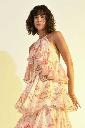 Buy_Bhanuni By Jyoti_Pink Viscose Halter Neck Floral Print Blush Maxi Dress 