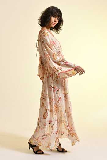 Bhanuni By Jyoti_Pink Viscose V-neck Floral Blush Print Kaftan _Online_at_Aza_Fashions