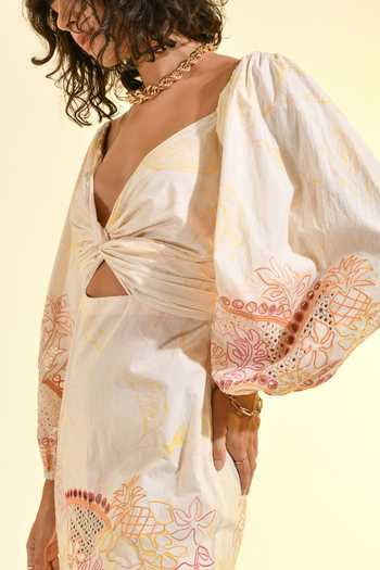 Bhanuni By Jyoti_Ivory Viscose Plunge Neck Floral Print Dress _Online_at_Aza_Fashions