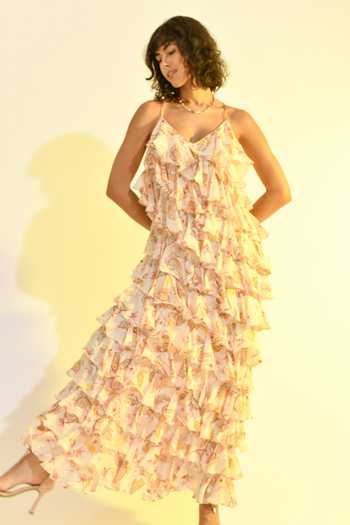 Bhanuni By Jyoti_Pink Viscose V-neck Floral Blush Print Maxi Dress _Online_at_Aza_Fashions