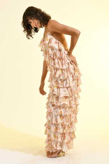 Shop_Bhanuni By Jyoti_Pink Viscose V-neck Floral Blush Print Maxi Dress _Online_at_Aza_Fashions