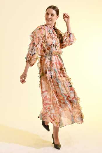 Bhanuni By Jyoti_Peach Viscose High Neck Plum Paradise Ruffle Printed Maxi Dress _Online_at_Aza_Fashions