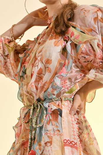 Buy_Bhanuni By Jyoti_Peach Viscose High Neck Plum Paradise Ruffle Printed Maxi Dress _Online_at_Aza_Fashions