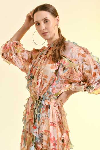 Bhanuni By Jyoti_Peach Viscose High Neck Plum Paradise Ruffle Printed Maxi Dress _at_Aza_Fashions