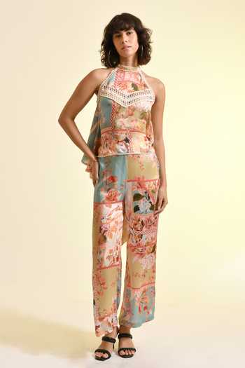 Buy_Bhanuni By Jyoti_Peach Viscose Halter Neck Plum Paradise Flore Printed Top _Online_at_Aza_Fashions