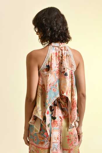 Bhanuni By Jyoti_Peach Viscose Halter Neck Plum Paradise Flore Printed Top _at_Aza_Fashions