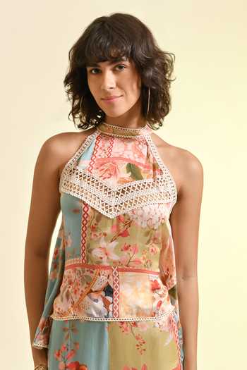 Buy_Bhanuni By Jyoti_Peach Viscose Halter Neck Plum Paradise Flore Printed Top 