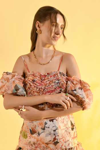 Shop_Bhanuni By Jyoti_Peach Viscose Square Neck, Off-shoulder Plum Paradise Mini Print Dress _Online_at_Aza_Fashions