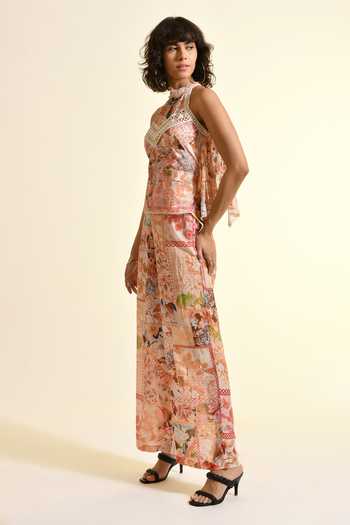 Bhanuni By Jyoti_Peach Viscose Halter Neck Plum Paradise Lilou Print Top _Online_at_Aza_Fashions