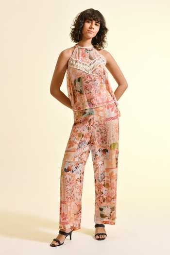 Shop_Bhanuni By Jyoti_Peach Viscose Halter Neck Plum Paradise Lilou Print Top _Online_at_Aza_Fashions