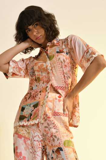 Buy_Bhanuni By Jyoti_Peach Viscose Collared Plum Paradise Tulia Printed Shirt _Online_at_Aza_Fashions