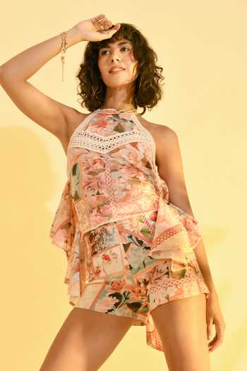 Shop_Bhanuni By Jyoti_Peach Viscose Halter Neck Plum Paradise Violla Printed Top _Online_at_Aza_Fashions