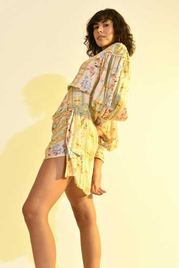 Bhanuni By Jyoti_Ivory Viscose V-neck Madonna Mini Printed Dress _Online_at_Aza_Fashions