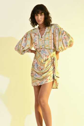 Buy_Bhanuni By Jyoti_Ivory Viscose V-neck Madonna Mini Printed Dress _Online_at_Aza_Fashions