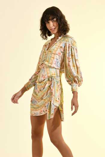 Shop_Bhanuni By Jyoti_Ivory Viscose V-neck Madonna Mini Printed Dress _Online_at_Aza_Fashions