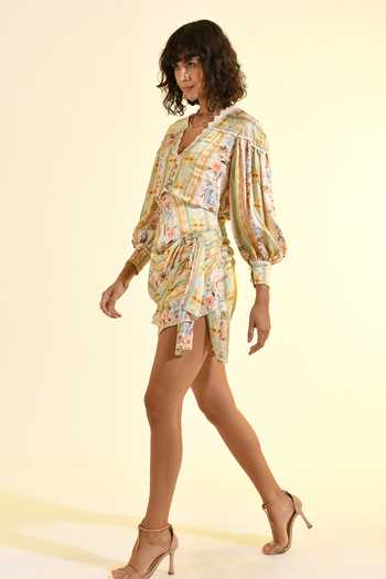 Bhanuni By Jyoti_Ivory Viscose V-neck Madonna Mini Printed Dress _at_Aza_Fashions