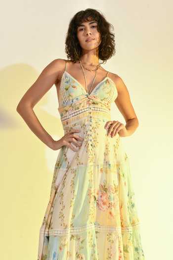 Bhanuni By Jyoti_Mint Viscose V-neck Madonna Printed Maxi Dress _Online_at_Aza_Fashions