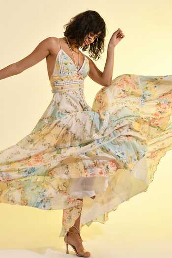 Shop_Bhanuni By Jyoti_Mint Viscose V-neck Madonna Printed Maxi Dress _Online_at_Aza_Fashions