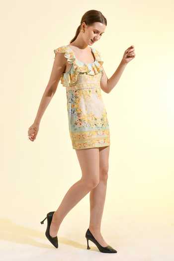Buy_Bhanuni By Jyoti_Mint Viscose Square Neck Madonna Printed Ruffle Dress _Online_at_Aza_Fashions
