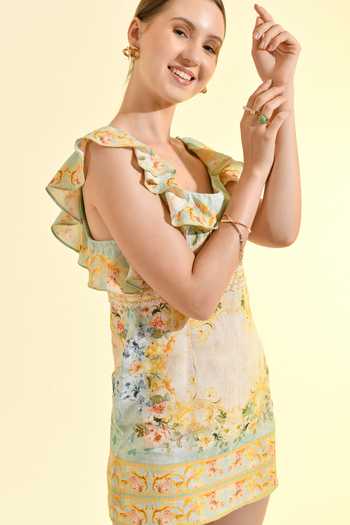 Shop_Bhanuni By Jyoti_Mint Viscose Square Neck Madonna Printed Ruffle Dress _Online_at_Aza_Fashions