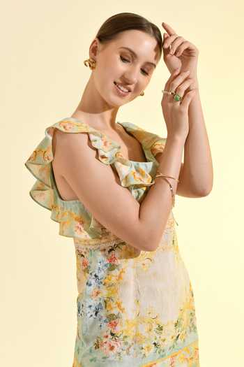 Buy_Bhanuni By Jyoti_Mint Viscose Square Neck Madonna Printed Ruffle Dress 