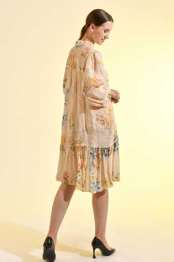 Bhanuni By Jyoti_Ivory Viscose Mandarin Collar Madonna Floral Print Dress _Online_at_Aza_Fashions