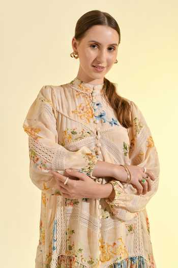 Buy_Bhanuni By Jyoti_Ivory Viscose Mandarin Collar Madonna Floral Print Dress _Online_at_Aza_Fashions