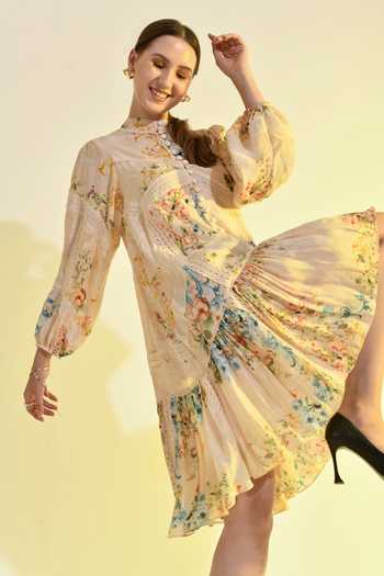 Shop_Bhanuni By Jyoti_Ivory Viscose Mandarin Collar Madonna Floral Print Dress _Online_at_Aza_Fashions