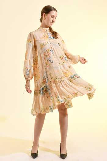 Bhanuni By Jyoti_Ivory Viscose Mandarin Collar Madonna Floral Print Dress _at_Aza_Fashions