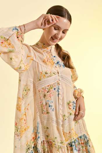 Buy_Bhanuni By Jyoti_Ivory Viscose Mandarin Collar Madonna Floral Print Dress 