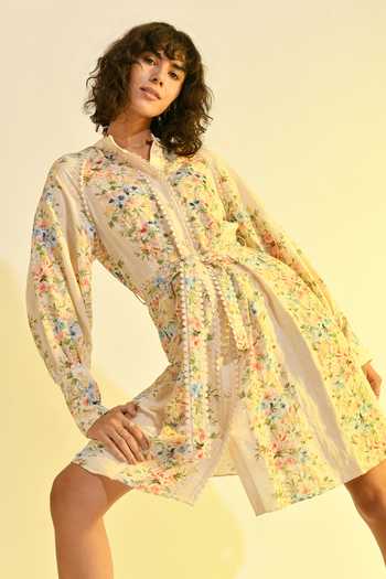 Shop_Bhanuni By Jyoti_Ivory Viscose Collared Madonna Printed Shirt Dress _Online_at_Aza_Fashions