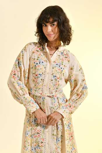 Bhanuni By Jyoti_Ivory Viscose Collared Madonna Printed Shirt Dress _at_Aza_Fashions