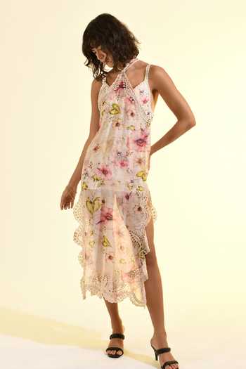 Shop_Bhanuni By Jyoti_Ivory Viscose Halter Neck Aether Printed Slit Dress _Online_at_Aza_Fashions
