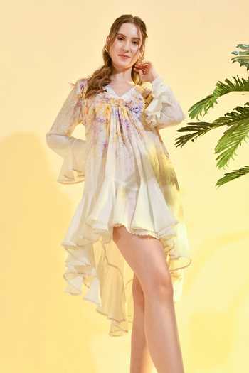 Bhanuni By Jyoti_Yellow Viscose V-neck Honey Comb Floral Print Dress _Online_at_Aza_Fashions