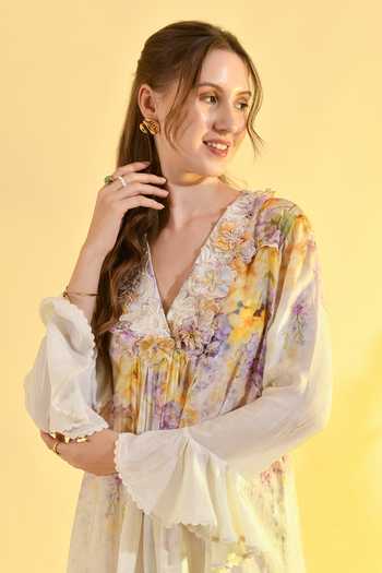 Buy_Bhanuni By Jyoti_Yellow Viscose V-neck Honey Comb Floral Print Dress _Online_at_Aza_Fashions