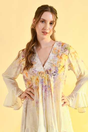 Shop_Bhanuni By Jyoti_Yellow Viscose V-neck Honey Comb Floral Print Dress _Online_at_Aza_Fashions