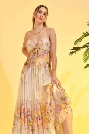 Buy_Bhanuni By Jyoti_Yellow Viscose Sweetheart Neck Honey Comb Floral Print Maxi Dress _Online_at_Aza_Fashions